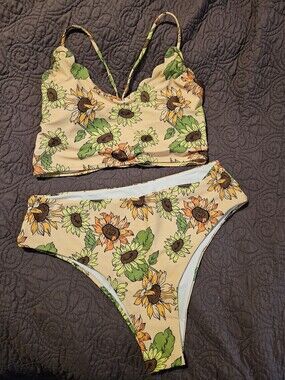 Zaful Scallop Edge High Waisted Cheeky Sunflower Tankini Womens XXL